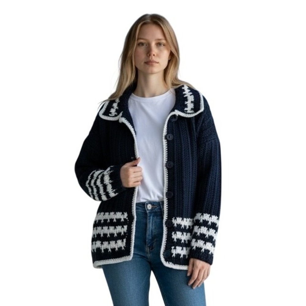 Handmade Chunky‎ Crochet Navy White Houndstooth Collar Cardigan Sweater Womens
